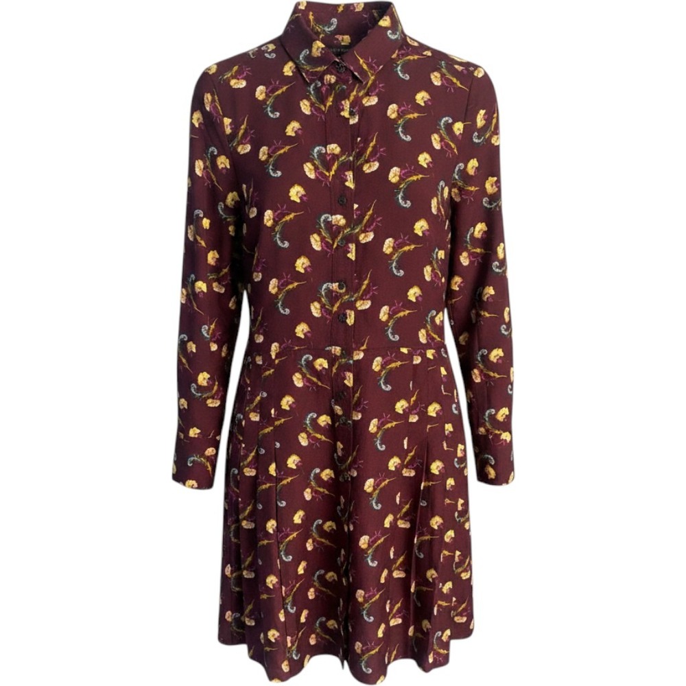 Banana Republic Burgundy Floral Paisley Pleated Shirt Dress Dark Academic SZ 6